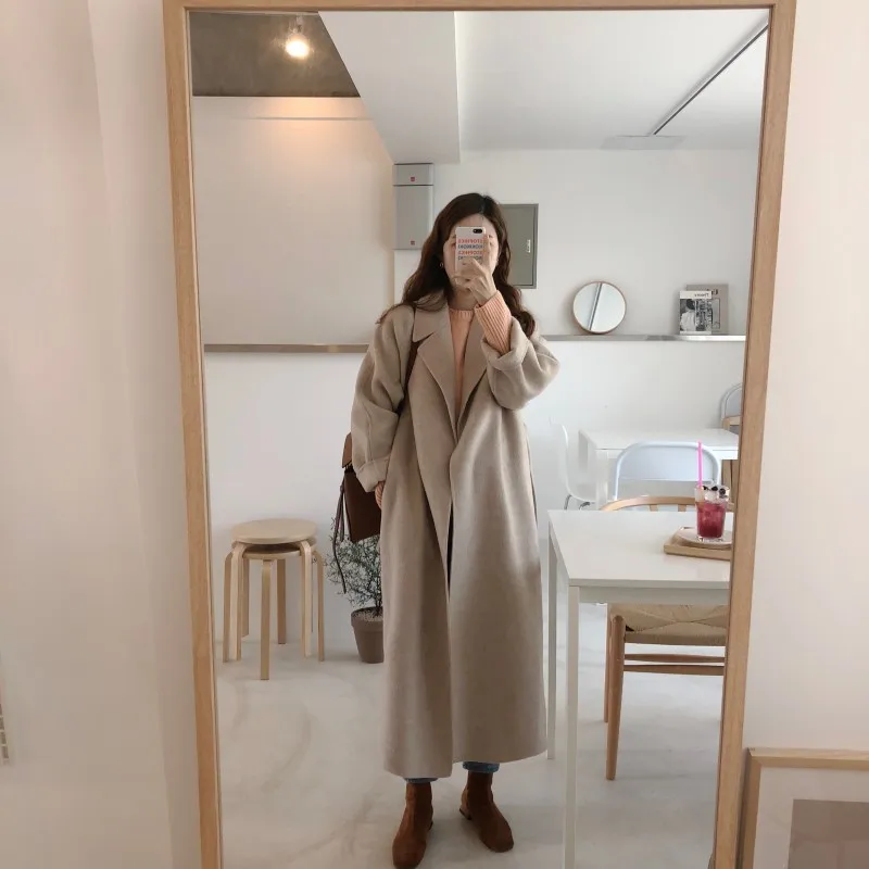 Осень и зима, стиль, Южная Корея, свободный крой, отложной воротник, прямой крой, элегантная, на шнуровке, талия, облегающая, длинная, шерстяная
