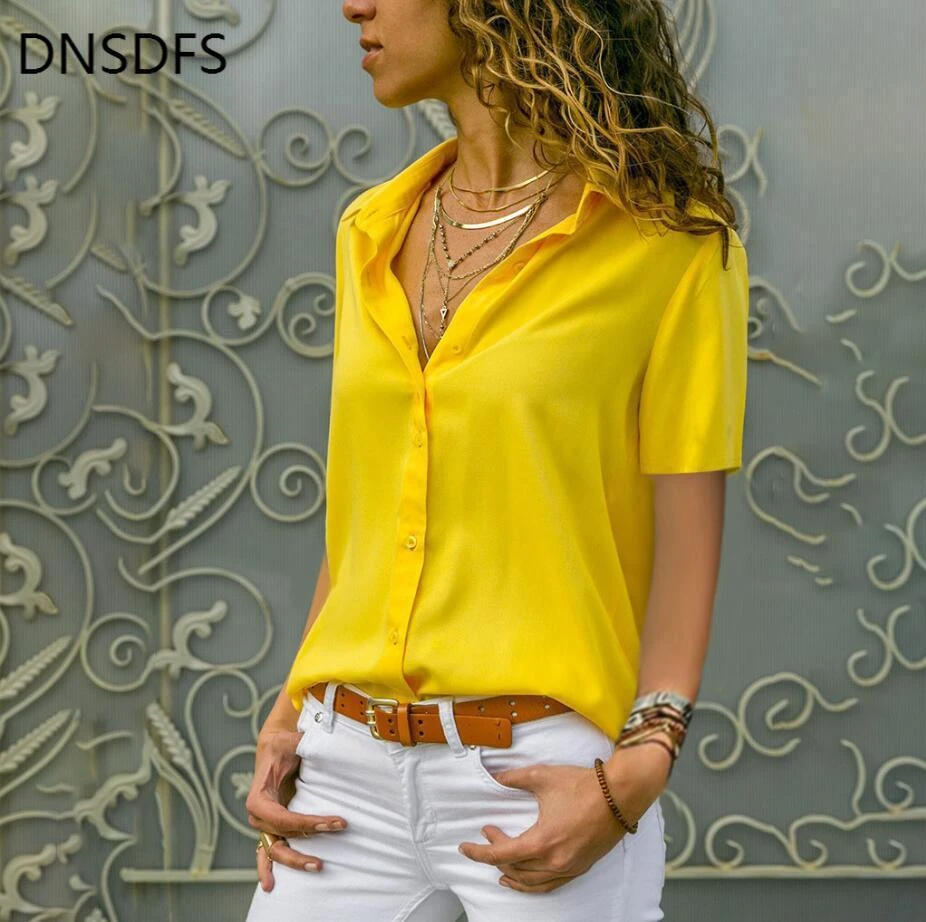 Blusa de chifón de manga corta para mujer, camisa con vuelto, talla grande 5XL|Blusas y - AliExpress