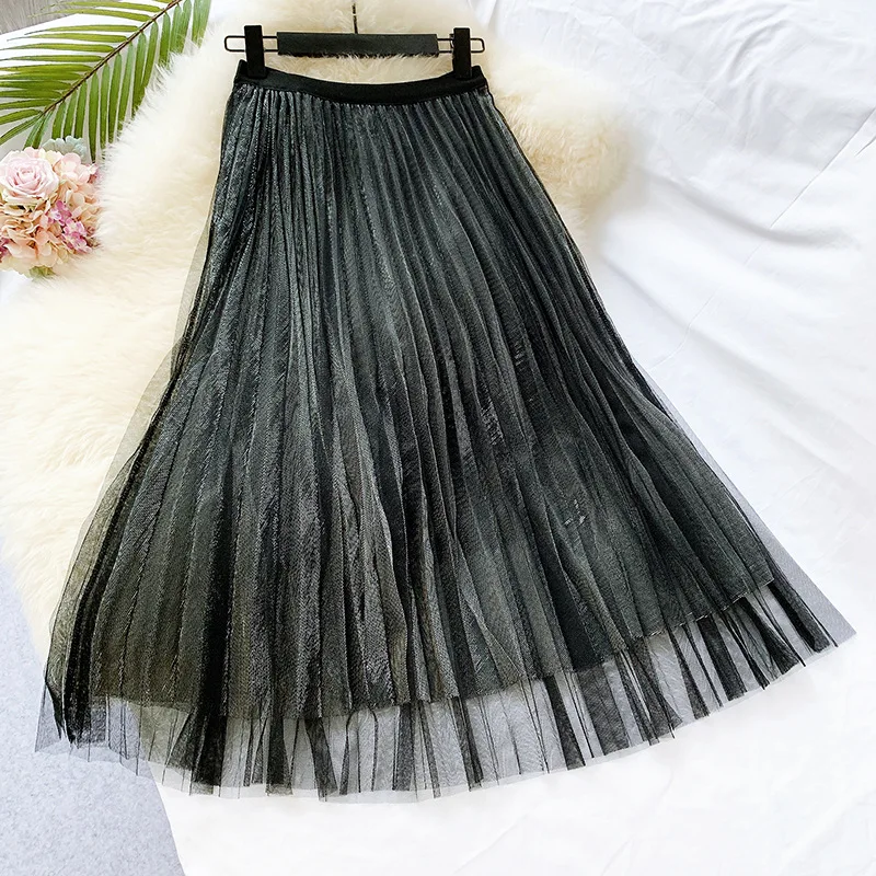 REALEFT Autumn Mesh Bling Bling Party Pleated Long Skirts Patchwork Vintage High Waist Harajuku Tulle Skirts New Purple