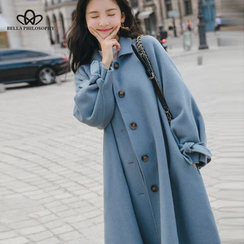 

Bella Philosophy 2019 Autumn Solid Turn-collar Women Elegant Coats OL Sashes A-line Woolen Coats Female Lantern Sleeve Outwear