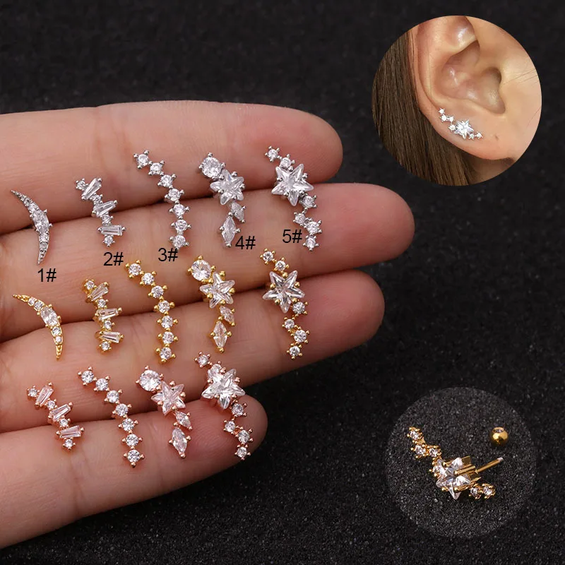

1 PCS Stainless Steel Cute Little Bar Crystal Star Ear Stud Cuff Earring Gold Color Zircon Double Sided Ball Earring Ear Jewelry