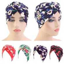 Женская эластичная шляпа от выпадения волос, мусульманский тюрбан с цветочным принтом, повязка на голову, кепка chemo, плиссированная шляпа, модная шапка для выпадения волос