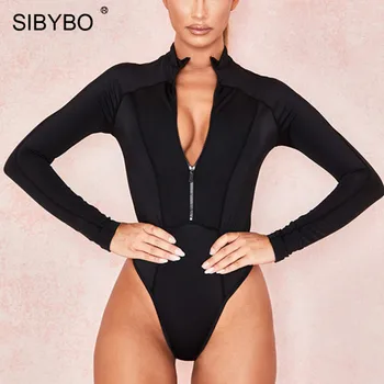 

SIBYBO Turtleneck Long Sleeve Casual Bodysuit Women Fashion Zipper Skinny Sexy Women Rompers Black Casual Ladies Bodysuit Top