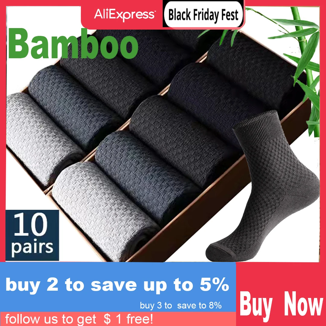 10 Pairs/Lot Men's Bamboo Fiber Socks 2022 New Compression Autumn Long Black Business Casual Man Dress Sock Gift Plus Size 42-45
