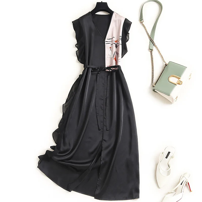 

Europe and the United States 2021 summer new print solid color V-neck temperament simple vest dress
