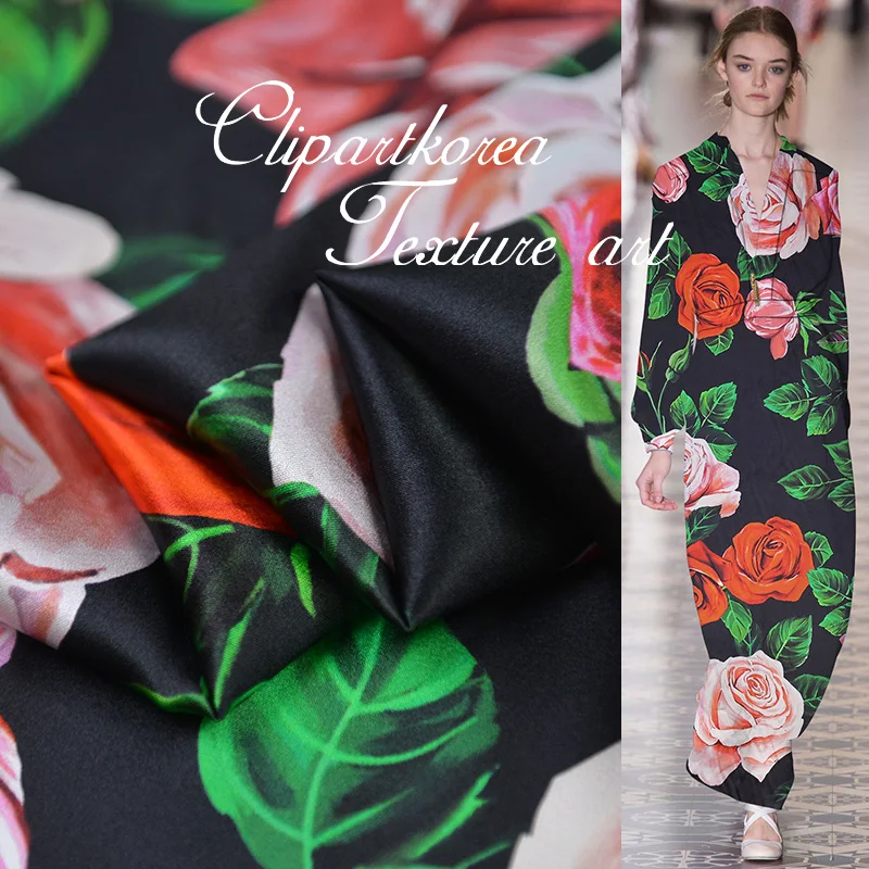 19 Осенняя Новинка 138 см ширина 17Momme 95% шелк 5% спандекс Роза Печатный Шармез ткань для женского платья Diy шитье Распродажа