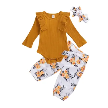 

0-24M Newborn Baby Girl Autumn Clothes 3Pcs Knitted Ruffled Long Sleeve Romper+Floral Pants+Headband Suit
