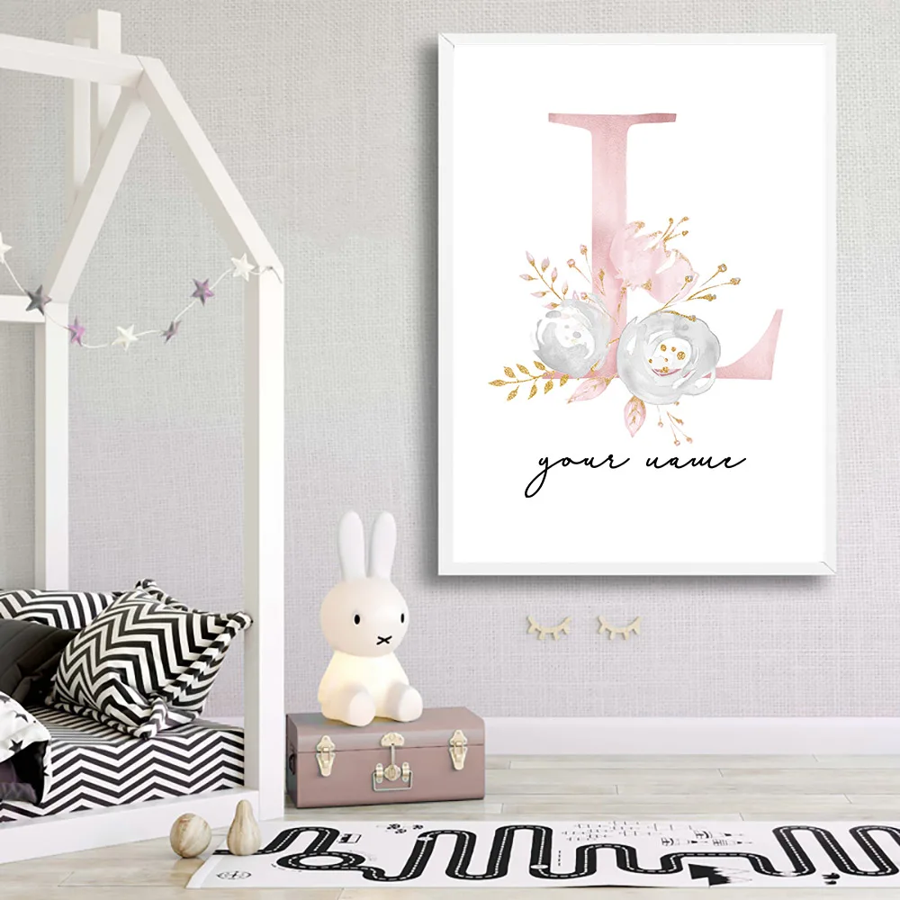 

Baby Posters Personalized Girl's Name Custom Poster Nursery Prints Pink Flowers Wall Art Canvas Painting Pictures For Girls Room