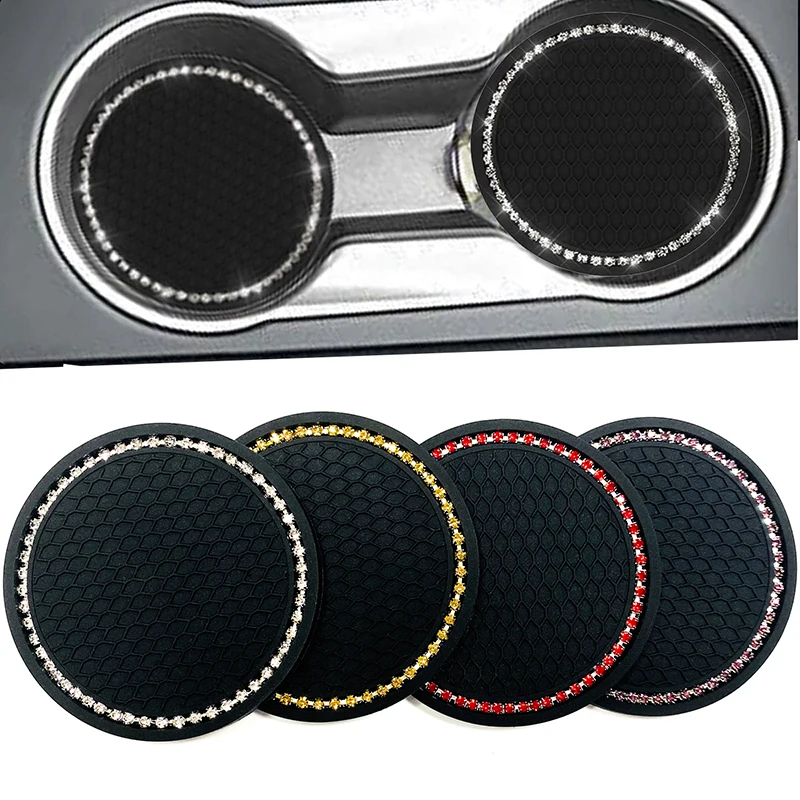 2 Pcs Universal Diamond Car Coasters for Cup Bottle Holder Anti-slip Pad Mat Silica Coaster Set Bling Car Interior Accessories