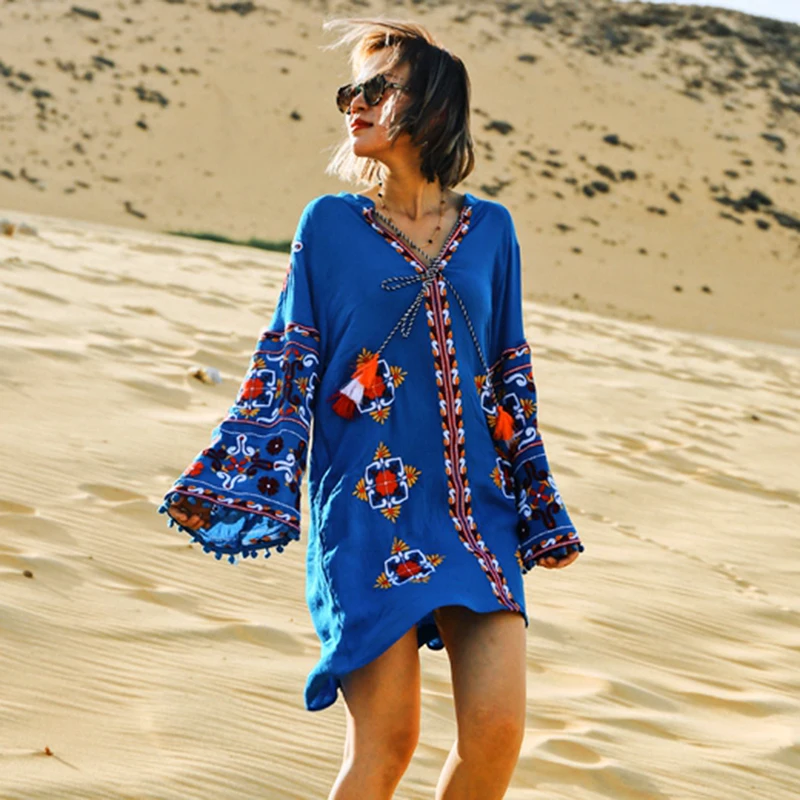 

KHALEE YOSE Blue Embroidered Tunic Dress Summer Autumn Ukraine Ethnic Mini Dresses Long Sleeve Tassels Tie Up Boho Gypsy Dress