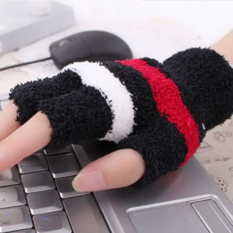 Для женщин USB Отопление теплые зимние перчатки без пальцев в полоску из искусственной шерсти грелка для рук