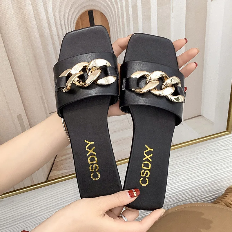 Brand Women Slippers Temperament Iron Chain Design Flat Flip-flops Summer Beach Holiday Women's Sandals 2021 Casual Flat Shoes