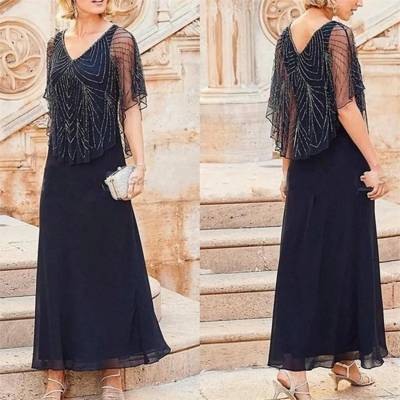 

V Neck Ankle Length Dark Navy Mother of the Bride Dress with Beads Wedding Guest Dress Plus Size