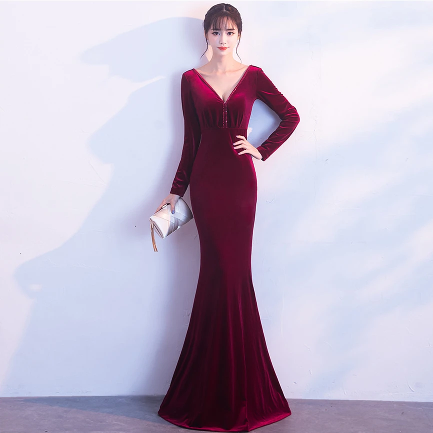 Модное красное вино Cheongsam современный Qipao бархатные Длинные вечерние платья в китайском стиле женские платья в восточном стиле китайский халат костюм