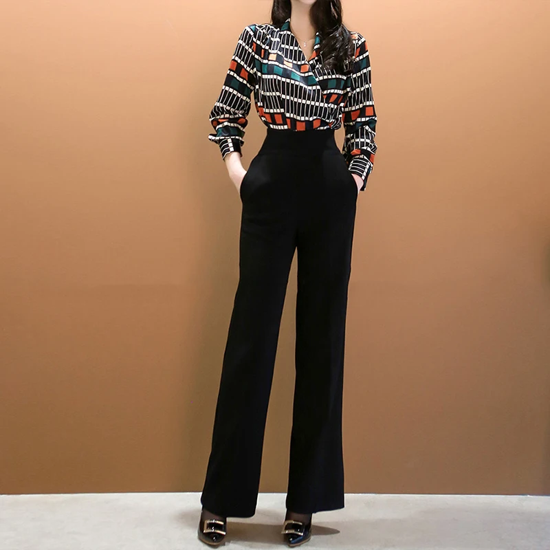 

Fashion print loose basic shirt and black long pant new arrival elegant 2 pieces sexy high quality work style autumn women set