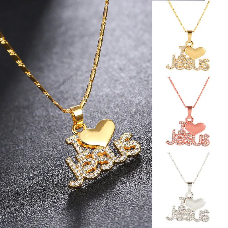 

1PC Personality Gift Chain Religious Necklace Simple Metal Chain I Love Jesus Pendant Necklace Silver Color Christian Jewelry