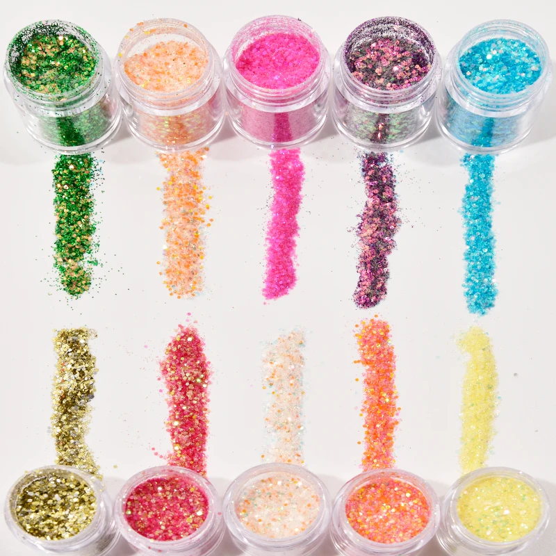 10ML Box Nail Art Mixed Size Flake Powder Hexagon Iridescent Chunky Hexagon Sequins Broken Flake For 3