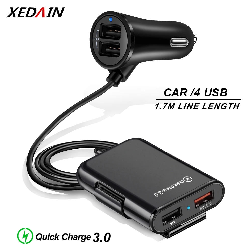 4 Port USB Car Charger Quick Charge QC3.0 5.6ft Extension Cable For iPhone 12 Xiaomi Mobile Phone Driving Recorder Fast Charging 65w usb c charger