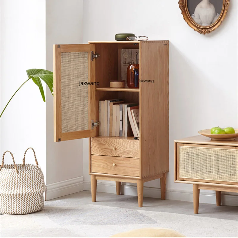 Nordic Living Room Cabinet Solid Wood Rattan Nordic Oak Living Room Storage Cabinet Modern Simple Apartment Display Cabinets GM