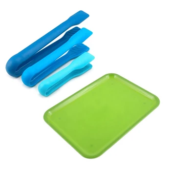 

4 Pcs Tool: 1 Pcs 10 Inch Long Rectangle Shape Serving Tray & 3 Pcs Large Medium Small Plastic Cooking Tongs