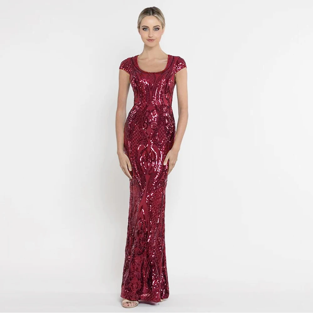 

O Neck Burgundy Sequined Maxi Dress Short Sleeve Stretch Elegant Evening Party Dress