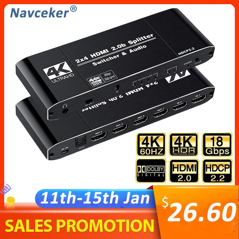 4k 60hz Hdmi 2 0 Switch Remote 2x2 Hdr Hdmi Switch Audio Extractor With Ir 2x4 Yuv 4 4 4 Switch Hdmi 2 0 For Ps4 Apple Tv Hdmi Cables Aliexpress