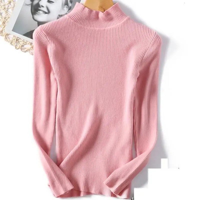 

Sweater Womens Pullover 2019 New Pink Womens Winter Sweaters Kawaii Slim Long Sleeve Half High Neck Knit Tops Female Clothing