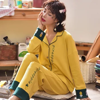 

Pajamas Woman Long Sleeve Lovely Pineapple Twinset Turmeric Color Collision Cardigan Can Other Clothes Home Furnishing Serve
