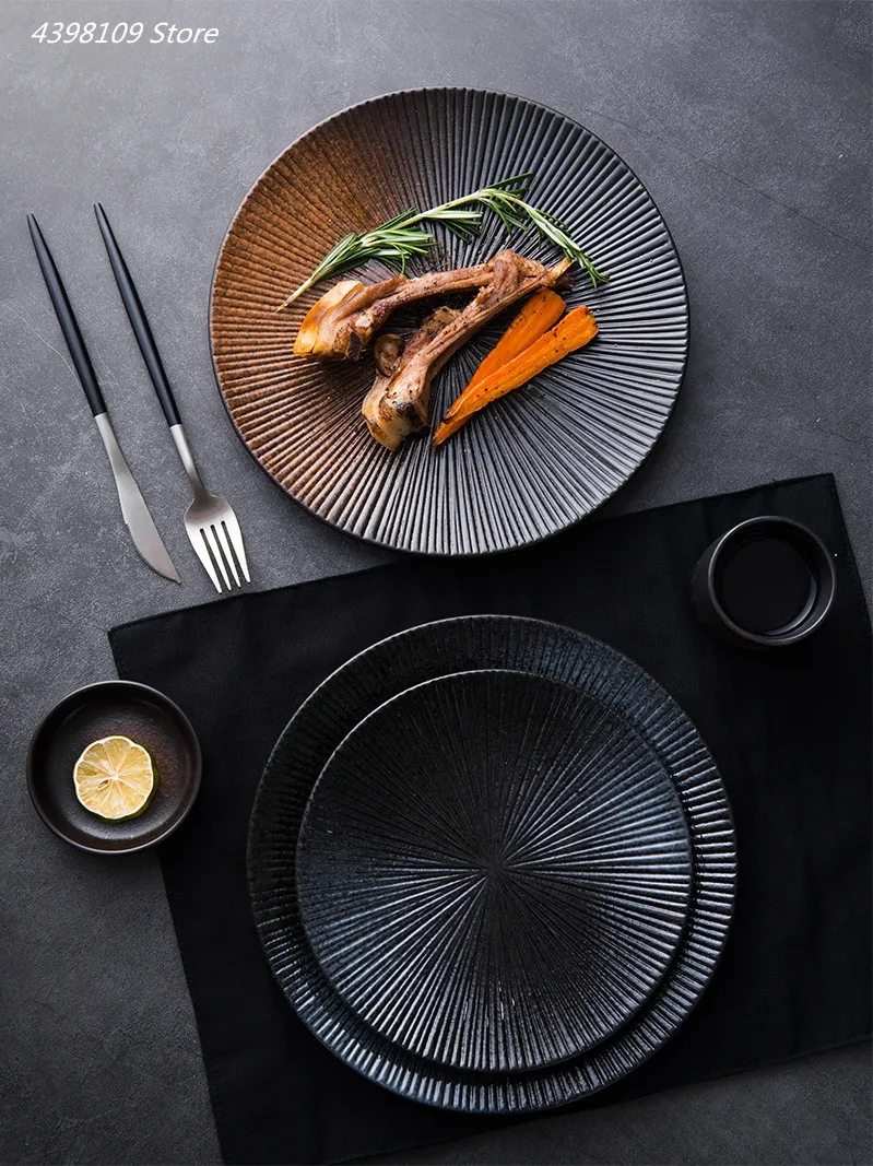 Japanese ceramic tableware Western steak dish retro striped disc rice bowl dessert salad bowl kitchen cutlery decorative plate