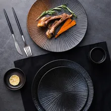 Japanese ceramic tableware Western steak dish retro striped disc rice bowl dessert salad bowl kitchen cutlery decorative plate