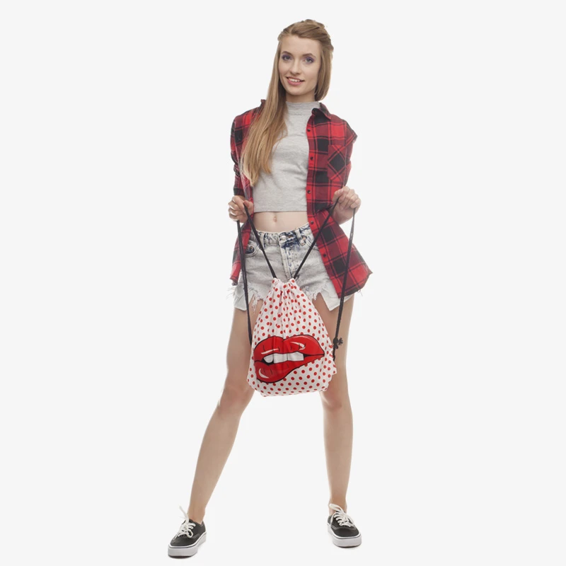 Novo 3d impresso drawstring bag dot lábios
