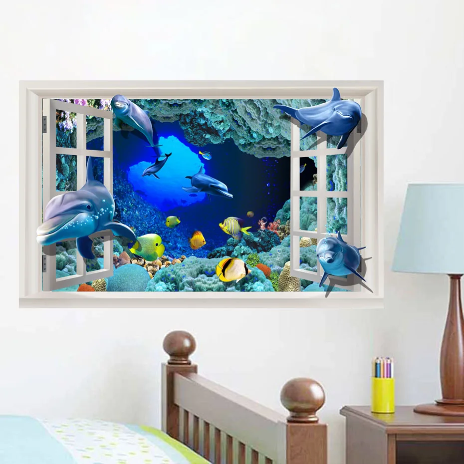 

Modern Summer Beach Coconut Tree 3d Wall Sticker Seaside Landscape Removable Wallpaper Window View Dolphin Seagull Removable Animals Decal Stickers Kids Room Bedroom Living Room Nursery Home Decoration Art Murals Decor