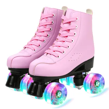 

Double Line Skates Women Men Two Line Skate Shoes Artificial Pu Leather Roller Skates Adult Patines Lighting Wheels Skates Pink