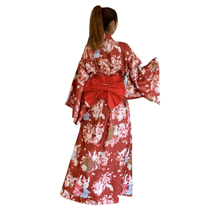 Traditional Cute Kimono Dress for Women Japanese New Year Long Sleeve Vintage Yukata with Belt Girls Kawaii Furisode Performance