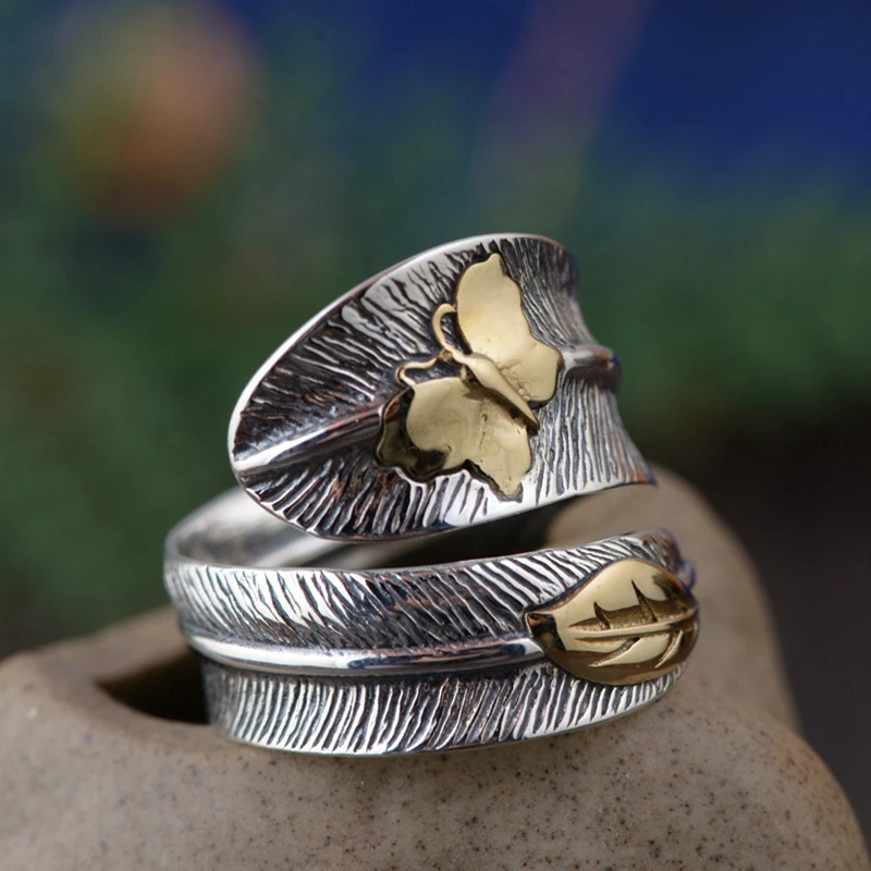 

925 Sterling Silver Old Silver Craftsman Handcrafted Fashion Simple Butterfly Feather Opening Adjustable Female Ring Accessories