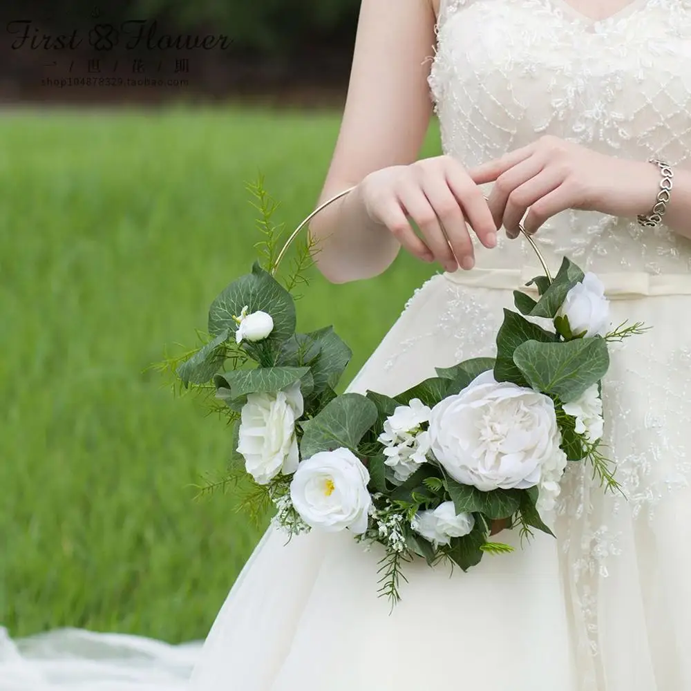White and Green JaneVini Корея белый и зеленый букет невесты круглый Шелковый цветок Венок корзина Флер Роза Пион Свадебные букеты Свадебные украшения - Цвет: White and Green