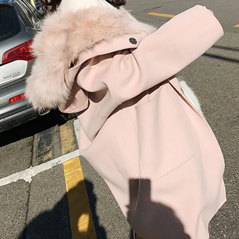 Зимнее женское розовое съемное шерстяное пальто с большим меховым воротником Длинное свободное теплое шерстяное пальто с капюшоном наряд