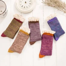 Женские кружевные ворсовые носки, женские толстые вязаные ретро носки, зимние утепленные модные креативные носки для девочек