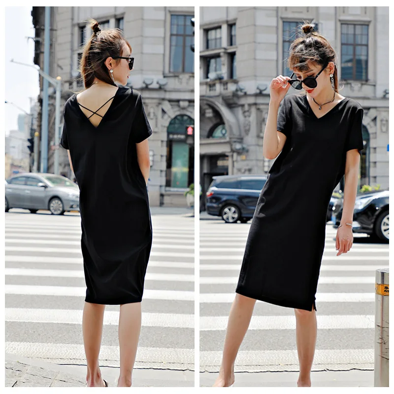

2020 Summer V-neck Back Cross Mid-length Loose-Fit Scheming T-shirt Dress Women's over-the-Knee Backless Slimming