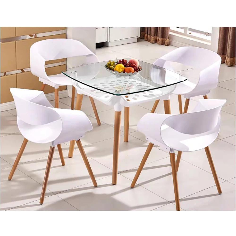 

Home dining table tempered glass table set on beech legs with underframe new design white kitchen table modern table size 80cm