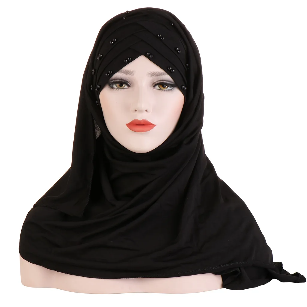 Мусульманский женский простой тюрбан бусины Амира хиджаб шарф платок мгновенная шаль готов носить головной платок Исламская шапка шляпа Ближний Восток - Цвет: Black