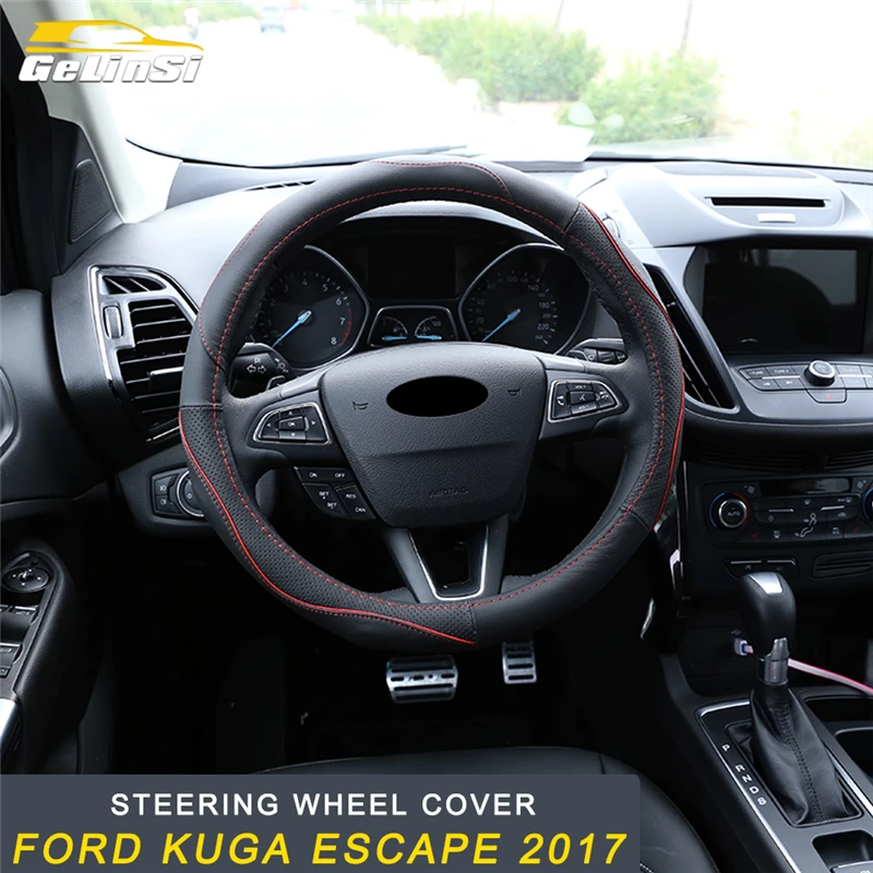

GELINSI For Ford KUGA Escape 2017 2018 Car Steering Wheel Covers Soft Leather with Needle and Thread Interior Accessories