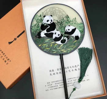 

Double- side Suzhou Embroidery Craft Hand Fan Desktop Decor Supplies Chinese Handle Fan Panda Small Screen Exquisite Gifts LF579