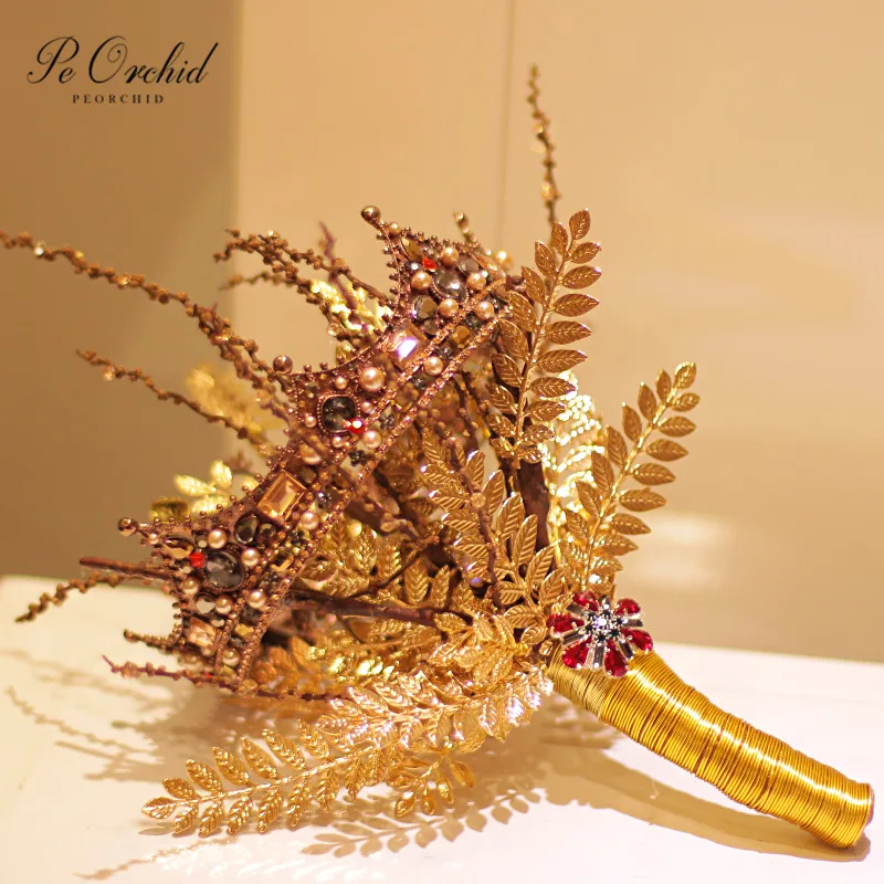 

PEORCHID Gothic Gold Bridal Bouquet Luxury Crown Leaf High-end Custom Beautiful flowers Brooches Wedding Bouquet