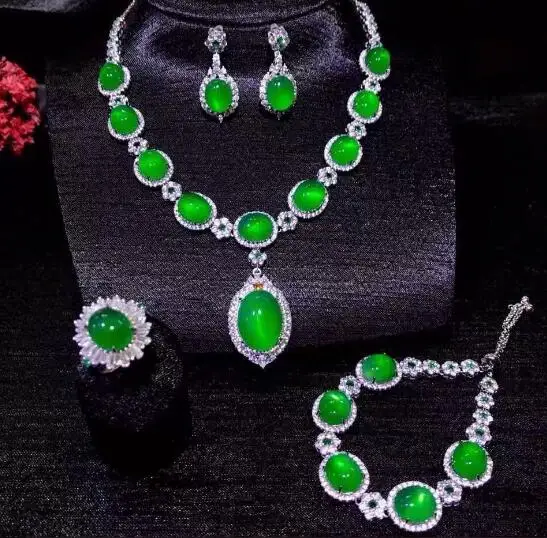 

jewelry 925 Silver natural inlaid good green pink white Chalcedony agate jade Crystal zircon necklace earring ring pendant set