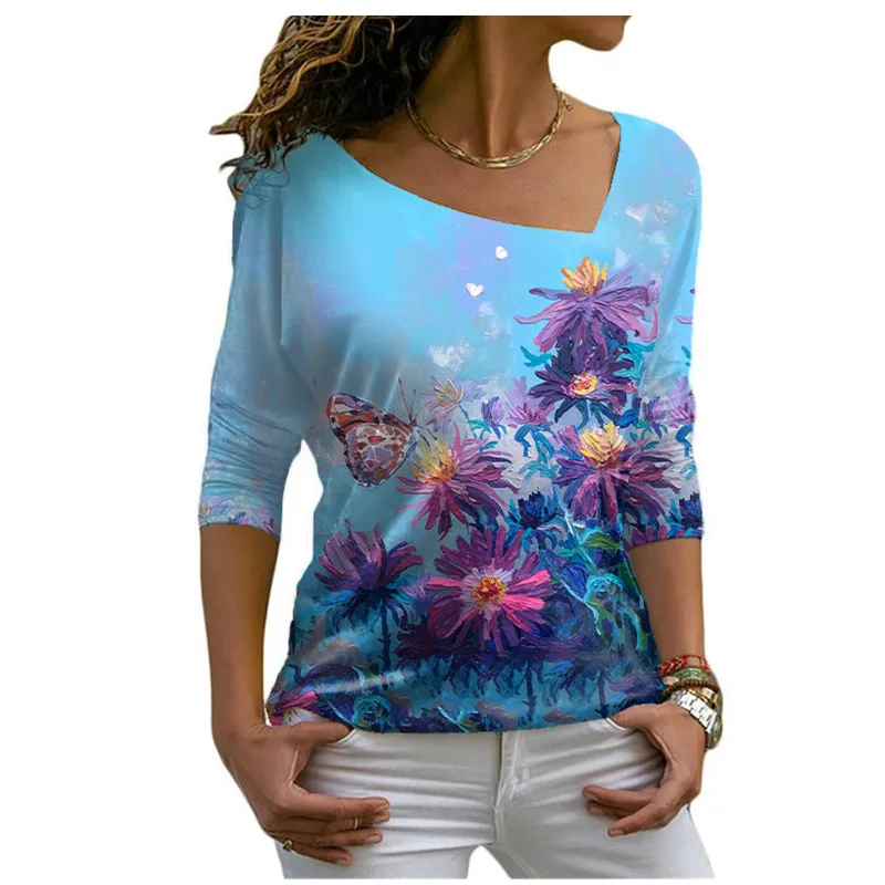 Floral Print T Shirt Women Boho Skew Collar Long Sleeve Tops Casual Fashion Street Ladies Pullover Cotton T Shirts Autumn Winter vintage t shirts