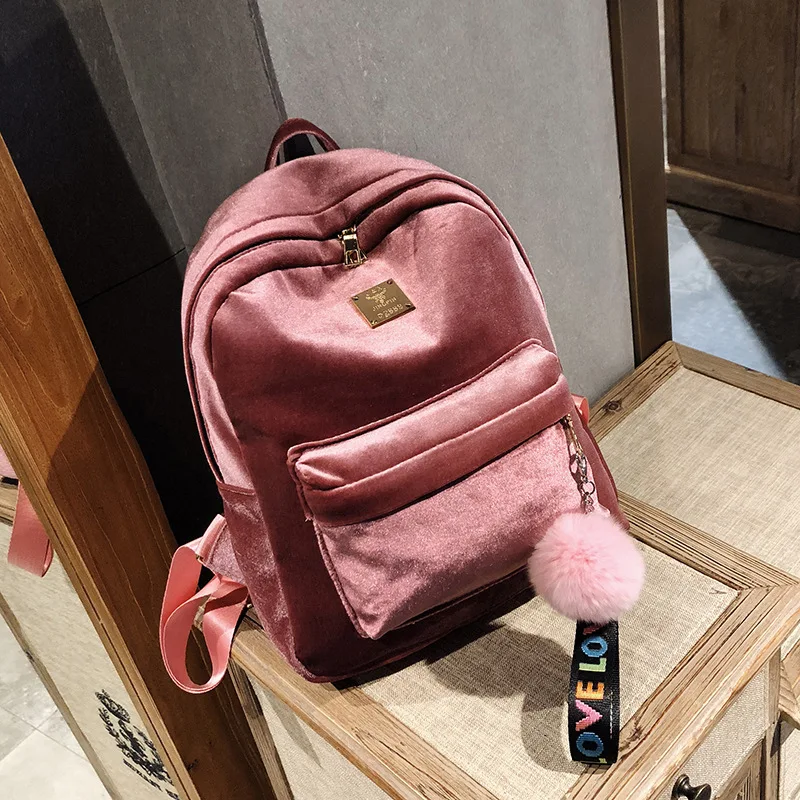 

Connaught Where Gold Velvet Schoolbag 2018 South Korea Simple Versatile Venonat Decoration Backpack