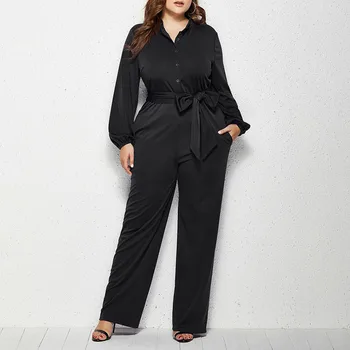 

Women Black Elegant Office Jumpsuit Casual Vintage Plus Size Overalls High Waist Pants Lace Up Blue Minimalist Long Jumpsuits