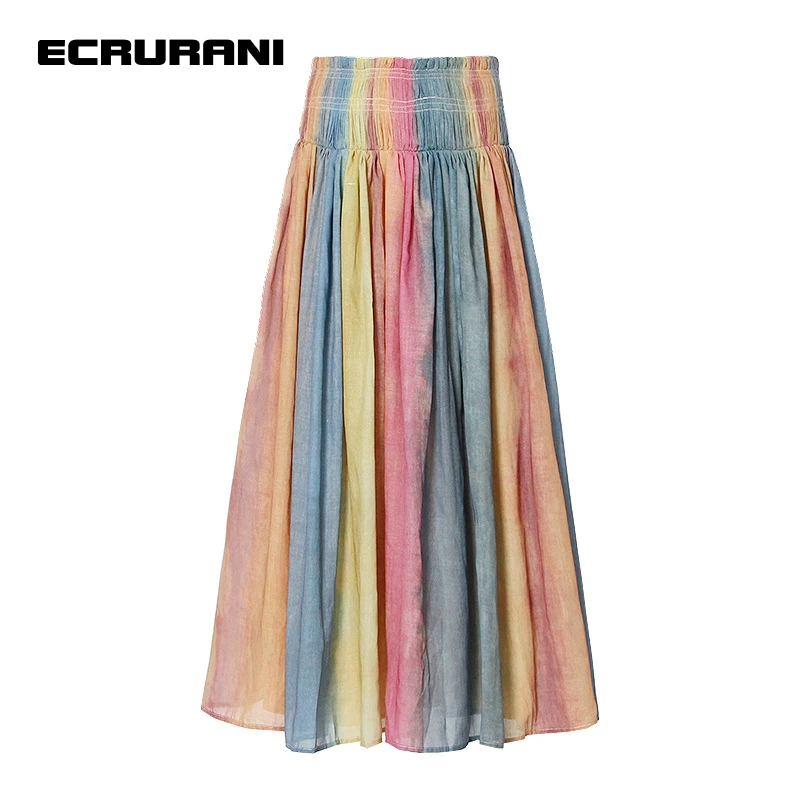 ECRURANI Hit Color Vintage Skirt For Women High Waist Lace Up Patchwork Colorful Loose Midi Skirts Females 2021 Fashion Clothing suitable for apple tv 4k remote control case 2 color 6 generation 2021 apple tv 4k remote control silicone protective case