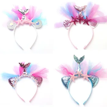 

10 Pcs New Design Children Kids Cute Mermaid Headwear High Quality Handmade Unicorn Headbands Hoop with Starfish Tulle for Party